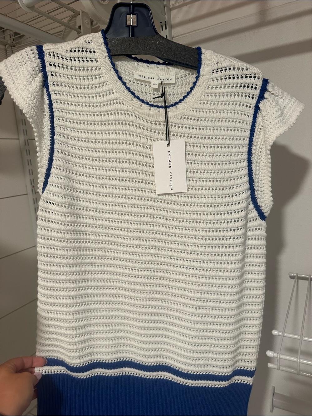 MELISSA NEPTON White Open-Knit Shell with Blue Trim